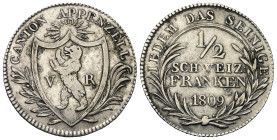 Schweiz. Appenzell - Kanton.

 1/2 Franken (Silber). 1809.
Vs: Wappen in Kranz.
Rs: Wertbezeichnung in Kranz, darunter Jahreszahl.

26 mm. 4,54 ...