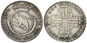 Schweiz. Bern.

 1/4 Taler (Silber). 1774.
Vs: Bekröntes Wappen zwischen Zweigen.
Rs: Bekröntes Monogramm das ein Kreuz ergibt.

31 mm. 7,85 g. ...