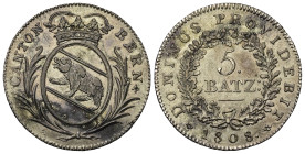 Schweiz. Bern.

 5 Batzen (Silber). 1808.
Vs: Bekröntes Wappen zwischen Zweigen.
Rs: Wert in Kranz, darunter Jahr.

25 mm. 4,53 g. 

HMZ 234a....