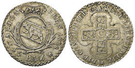 Schweiz. Bern.

 5 Batzen (Silber). 1826.
Vs: Bekröntes Wappen zwischen Zweigen über Wertangabe.
Rs: Kreuz mit C in der Mitte und floralem Dekor i...