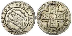 Schweiz. Bern.

 1 Batzen (Silber). 1826.
Vs: Bekröntes Wappen zwischen Zweigen über Wertangabe.
Rs: Kreuz mit C in der Mitte und floralem Dekor i...