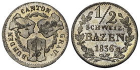 Schweiz.

 1/2 Batzen (Silber). 1836.
Vs: Wappen.
Rs: Wert und Jahr in Eichenkranz.

19 mm. 2,05 g. 

HMZ 606d.
 Stempelfrisches Prachtexempl...