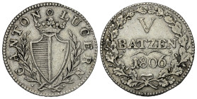 Schweiz. Luzern.

 5 Batzen (Silber). 1806.
Vs: Wappen in Kranz.
Rs: Wertbezeichnung in Eichenkranz, darunter Jahreszahl.

24 mm. 4,40 g. 

HM...