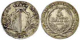 Schweiz. Luzern.

 5 Batzen (Silber). 1815.
Vs: Wappen in Kranz.
Rs: Wertbezeichnung in Eichenkranz, darunter Jahreszahl.

24 mm. 4,40 g. 

HM...
