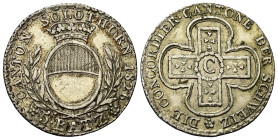 Schweiz. Solothurn.

 5 Batzen (Silber). 1826.
Vs: Bekröntes Wappen zwischen Zweigen über Wertangabe.
Rs: Kreuz mit C in der Mitte.

26 mm. 4,41...