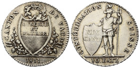 Schweiz. Waadt.

 10 Batzen (Silber). 1811.
Vs: Wappen zwischen Zweigen über Jahreszahl.
Rs: Landsknecht mit Hellebarde und Schild leicht nach lin...