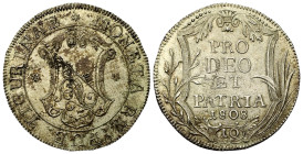 Schweiz. Zürich - Stadt.

 10 Schilling (Silber). 1808.
Vs: Wappen.
Rs: Devise und Jahr in Kranz, darunter Wert.

28 mm. 4,93 g. 

HMZ 1176c....