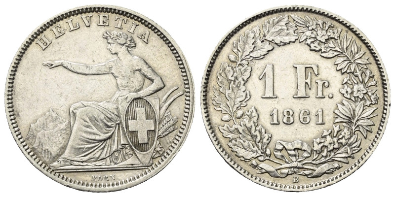 Schweiz. Eidgenossenschaft.

 1 Franken (Silber). 1861 B.
Vs: Sitzende Helvet...