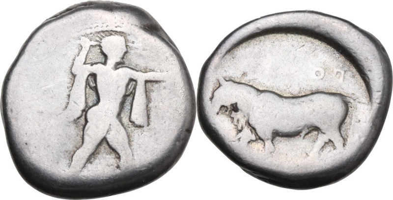 Greek Italy. Lucania, Poseidonia-Paestum. AR Stater, 445-420 BC. Obv. Poseidon s...