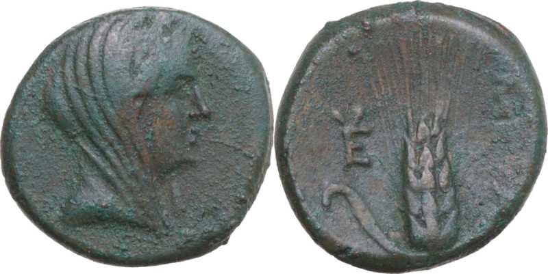 Greek Italy. Southern Lucania, Metapontum. AE 16.5 mm, c. 300-250 BC. Obv. Veile...