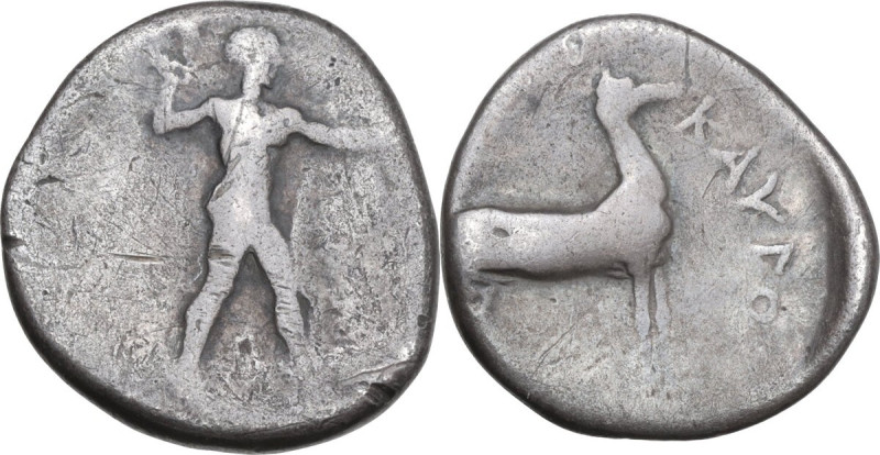 Greek Italy. Bruttium, Kaulonia. AR Stater, 425-420 BC. Obv. Apollo striding rig...