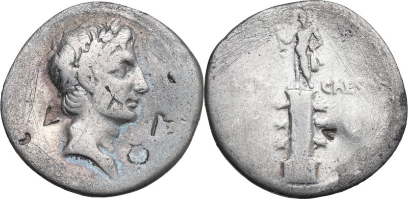 Octavian, Triumvir. AR Denarius, autumn 30 - summer 29 BC. Obv. Laureate head of...