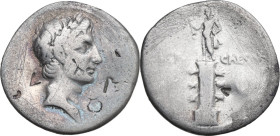 Octavian, Triumvir. AR Denarius, autumn 30 - summer 29 BC. Obv. Laureate head of Octavian, as Apollo, right. Rev. Rostral column ornamented with two a...