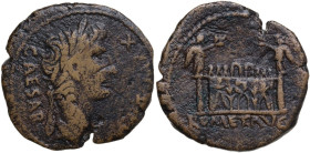 Augustus (27 BC - 14 AD) . AE As. Lugdunum mint, c. 10-7 BC. Obv. CAESAR PONT MAX. Laureate head right. Rev. Front elevation of the Altar of Lugdunum,...