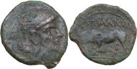 Augustus (27 BC - 14 AD). AE Semis. Uncertain mint in Gaul, c. 10 BC. Germanus Indutilli, magistrate. Obv. Diademed male head right. Rev. GERMANVS / I...