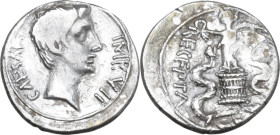 Augustus (27 BC - 14 AD). AR Quinarius, uncertain mint, 29-26 BC. Obv. CAESAR IMP VII. Bare head right. Rev. ASIA RECEPTA. Victory, draped, standing l...