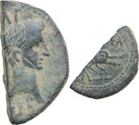 Augustus (27 BC - 14 AD) with Agrippa. AE Halved As (Semis), Nemausus mint, 20-10 BC. Obv. IMP DIVI F. Heads of Agrippa (left) and Augustus (right) ba...