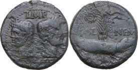 Augustus (27 BC - 14 AD) with Agrippa. AE As, Nemausus mint, c. 10-14. Obv. Heads of Agrippa, wearing combined rostral crown and laurel wreath, to lef...