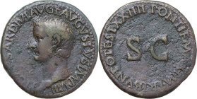 Tiberius (14-37). AE Dupondius, Rome mint, 22-23. Obv. TI CAESAR DIVI AVG F AVGVSTVS IMP VII. Bare head left. Rev. PONTIF MAXIM TRIBVN POTEST XXIIII. ...