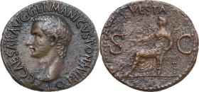 Gaius (Caligula) (37-41). AE As, Rome mint, 37-38. Obv. C CAESAR AVG GERMANICVS PON M TR POT. Bare head left. Rev. VESTA S C. Vesta, veiled and draped...