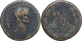 Claudius (41-54). AE Sestertius, Rome mint, 41-50. Obv. TI CLAVDIVS CAESAR AVG P M TR P IMP. Laureate head right. Rev. EX S C OB CIVES SERVATOS. Legen...