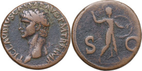 Claudius (41-54). AE Dupondius, Rome mint, 41-50. Obv. TI CLAVDIVS CAESAR AVG P M TR P IMP. Bare head left. Rev. S C. Minerva, helmeted and draped, ad...