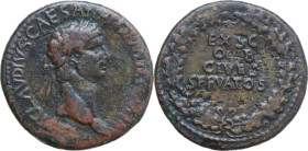 Claudius (41-54). AE Sestertius, Rome mint, 50-54. Obv. TI CLAVDIVS CAESAR AVG P M TR P IMP P P. Laureate head right. Rev. EX SC/P - P/ OB CIVES/ SERV...