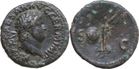 Nero (54-68). AE As, Rome mint. Obv. NERO CAESAR AVG GERM IMP. Laureate head right. Rev. SC. Victory flying left, holding shield inscribed SPQR. RIC I...