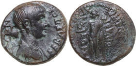 Nero (54-68). AE 18 mm, Eumeneia mint (Phrygia), magistrate of Iulius Kleon, high priest of Asia. Obv. ΝΕΡΩΝ ΣΕΒΑΣΤΟΣ. Draped bust right; behind, c/m:...