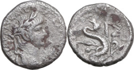 Nero (54-68). BI Tetradrachm, Alexandria mint (Egypt). Dated RY 5 (58-59). Obv. Laureate head right. Rev. Serpent Agathodaemon erect right, crowned wi...