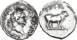 Vespasian (69-79). AR Denarius, Rome mint, 76 AD. Obv. IMP CAESAR VESPASIANVS AVG. Laureate head right. Rev. COS VII. Bull standing right. RIC II-p. 1...