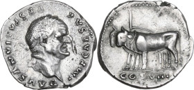 Vespasian (69-79). AR Denarius, Rome mint, 77-78. Obv. IMP CAESAR VESPASIANVS AVG. Laureate head right. Rev. COS VIII. Pair of oxen under yoke, left. ...