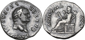 Vespasian (69-79). AR Denarius, Rome mint, 77-78. Obv. CAESAR VESPASIANVS AVG. Laureate head right. Rev. ANNONA AVG. Annona, draped, seated left on th...