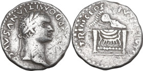 Domitian as Caesar (69-81). AR Denarius, Rome mint, 80-81. Obv. [.]R DOMITIANVS AVG [.]. Laureate head right. Rev. PRINCEPS IVVENTVTIS. Seat, draped; ...