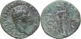 Domitian as Caesar (69-81). AE As, Rome mint, 80-81. Obv. CAES DIVI VESP F DOMITIANIANVS COS VII. Head of Domitian, laureate, right. Rev. S C. Minerva...