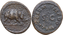 Domitian (81-96). AE Quadrans, Rome mint, 84-85. Obv. Rhinoceros standing right. Rev. IMP DOMIT AVG GERM. Legend surrounding large S C. RIC II-p. 1 (2...