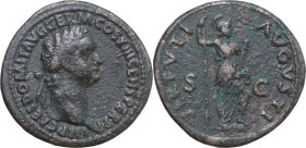 Domitian (81-96). AE As, Rome mint, 87 AD. Obv. IMP CAES DOMIT AVG GERM COS XIII CENS PER P P. Laureate head right. Rev. VIRTVTI AVGVSTI S C. Virtus s...