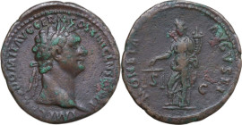 Domitian (81-96). AE As, Rome mint, 87 AD. Obv. IMP CAES DOMIT AVG GERM COS XIII CENS PER P P. Laureate head right. Rev. MONETA AVGVSTI, S-C. Moneta s...