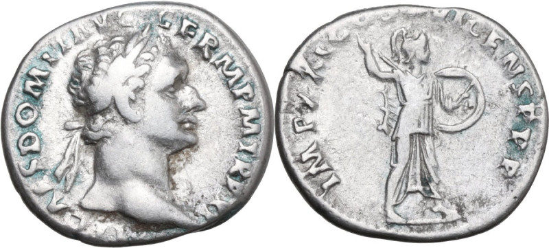 Domitian (81-96). AR Denarius, Rome mint, 92 AD. Obv. IMP CAES DOMIT AVG GERM P ...