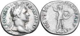 Domitian (81-96). AR Denarius, Rome mint, 92 AD. Obv. IMP CAES DOMIT AVG GERM P M TR P XI. Laureate head right. Rev. IMP XXI COS XVI CENS P P P. Miner...