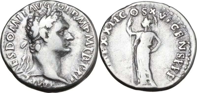 Domitian (81-96). AR Denarius, Rome mint, 92-93. Obv. IMP CAES DOMIT AVG GERM P ...