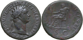 Domitian (81-96). AE Sestertius, Rome mint, 92-94. Obv. IMP CAES DOMIT AVG GERM COS XVI CENS PER P P. Laureate head right. Rev. IOVI VICTORI S C. Jupi...