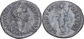 Nerva (96-98). AR Denarius, Rome mint, 97 AD. Obv. IMP NERVA CAES AVG P M TR P II COS III P P. Laureate head right. Rev. LIBERTAS PVBLICA. Libertas, d...