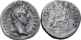 Trajan (98-117). AR Denarius, Rome mint, 100 AD. Obv. IMP CAES NERVA TRAIAN AVG GERM. Laureate bust right. Rev. PM TR P COS III PP. Victory seated lef...