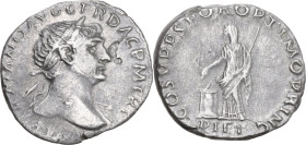 Trajan (98-117). AR Denarius, Rome mint, 111 AD. Obv. MP TRAIANO AVG GER DAC P M TR P. Laureate bust right, with slight drapery. Rev. COS V P P S P Q ...