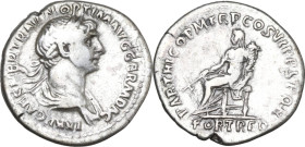 Trajan (98-117.). AR Denarius, Rome mint, 114-117. Obv. IMP CAES NER TRAIAN OPTIM AVG GERM DAC. Laureate and draped bust right. Rev. FORT RED (in exer...