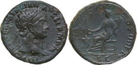 Trajan (98-117). AE Sestertius, Rome mint, 101-102. Obv. IMP CAES NERVA TRAIAN AVG GERM P M. Laureate bust right, with slight drapery. Rev. TR POT COS...