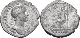 Hadrian (117-138). AR Denarius, Rome mint, 118 AD. Obv. IMP CAESAR TRAIAN HADRIANVS AVG. Laureate bust right, traces of drapery on far shoulder. Rev. ...