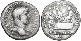 Hadrian (117-138). AR Denarius, Rome mint, 120-121. Obv. IMP CAESAR TRAIAN HADRIANVS AVG. Laureate bust right, drapery on far shoulder. Rev. P M TR P ...