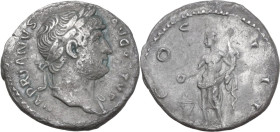 Hadrian (117-138). AR Denarius, Rome mint, 125-128. Obv. HADRIANVS AVGVSTVS. Laureate bust right, with drapery on far shoulder. Rev. COS III. Genius s...